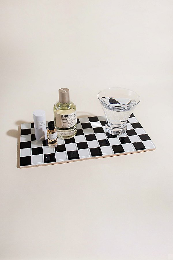 Subtle Art Studios Classic Checkered Glass Tile Tray In Black & White Checkered