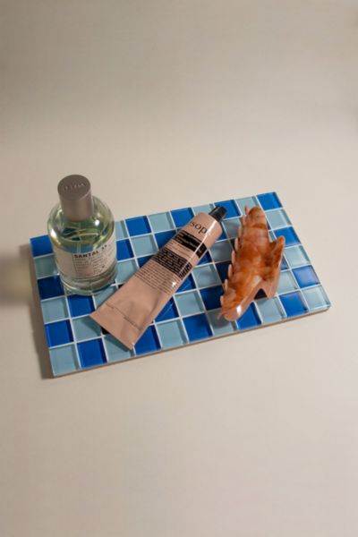 Subtle Art Studios Checkered Glass Tile Tray In Blue Sky Checkered