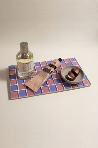 Subtle Art Studios Checkered Glass Tile Tray In Unicorn Checkered