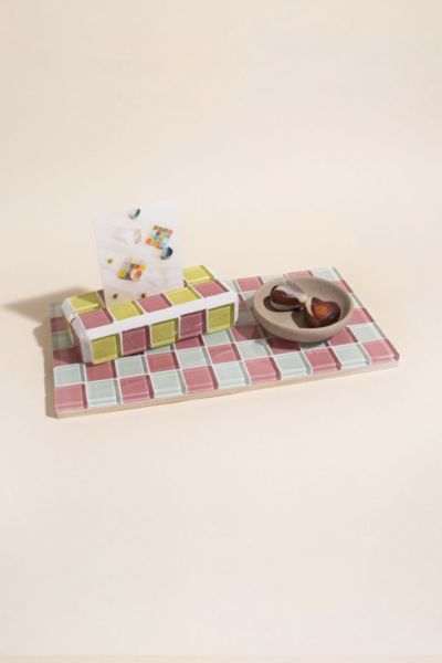 Subtle Art Studios Checkered Glass Tile Tray In Pink Himalayan Salt Milk Chocolate