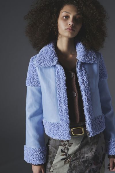 Shop Unreal Fur Corfu Faux Leather Aviator Jacket In Sky, Women's At Urban Outfitters