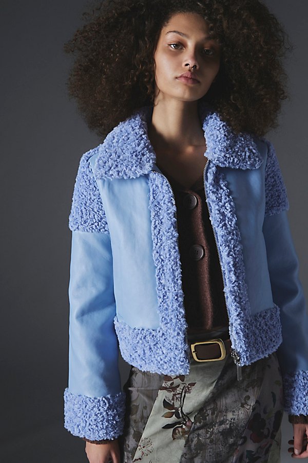 Shop Unreal Fur Corfu Faux Leather Aviator Jacket In Sky, Women's At Urban Outfitters