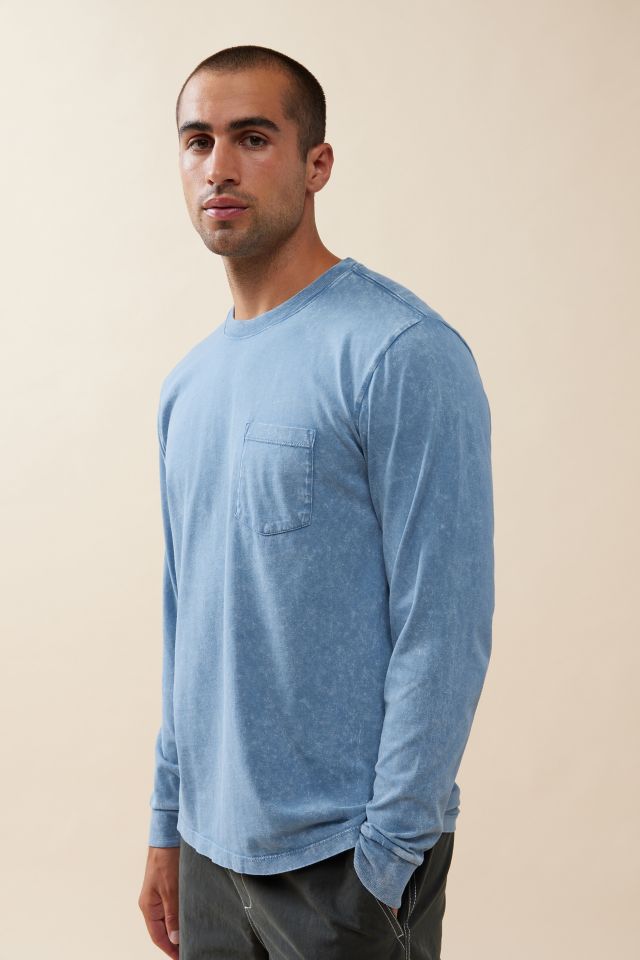 Basic Sky blue Blue Crew Neckline Long Sleeves Cotton T-Shirt