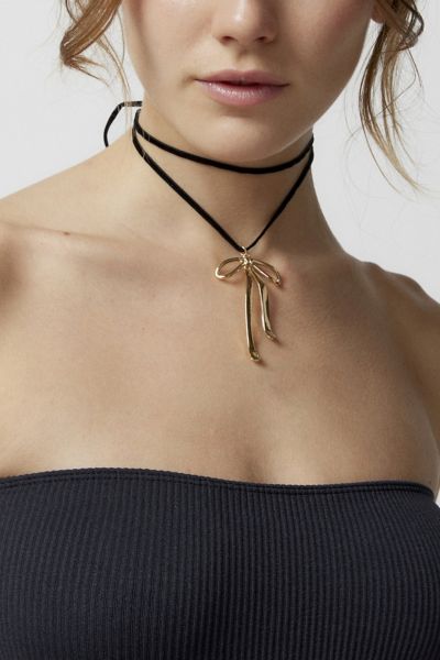 Urban Outfitters Bow Velvet Wrap Necklace In Black + Gold