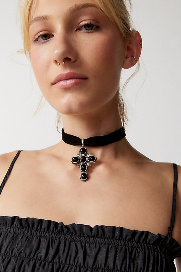 Urban Outfitters Scarlet Cross Velvet Choker Necklace In Black