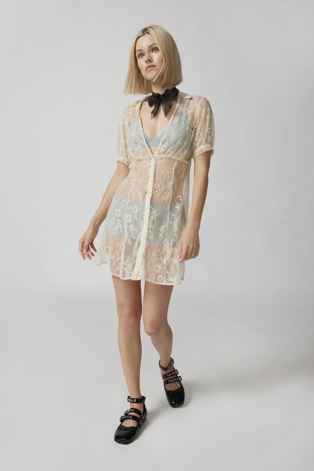 Out From Under Alessia Sheer Lace Midi Dress In Ivory,at Urban Outfitters  in White