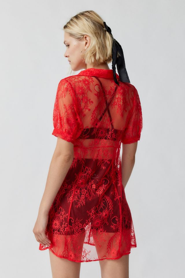 Out From Under Rouge Sheer Lace Mini Dress