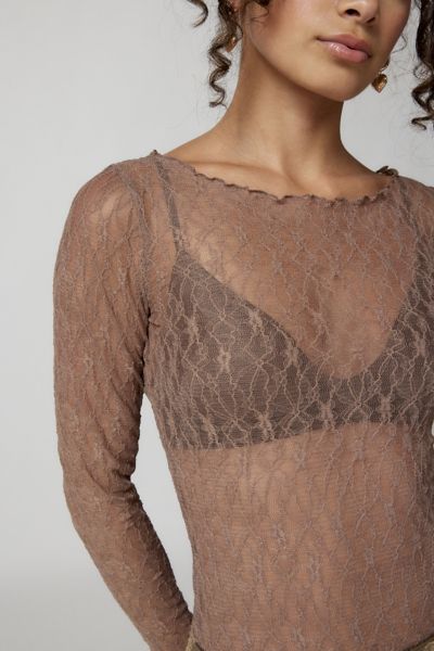 Out From Under Libby Sheer Lace Long Sleeve Top In Brown