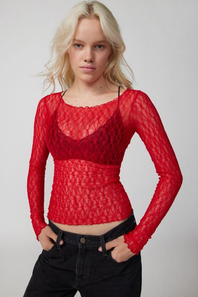 Out From Under Libby Sheer Lace Long Sleeve Top In Red