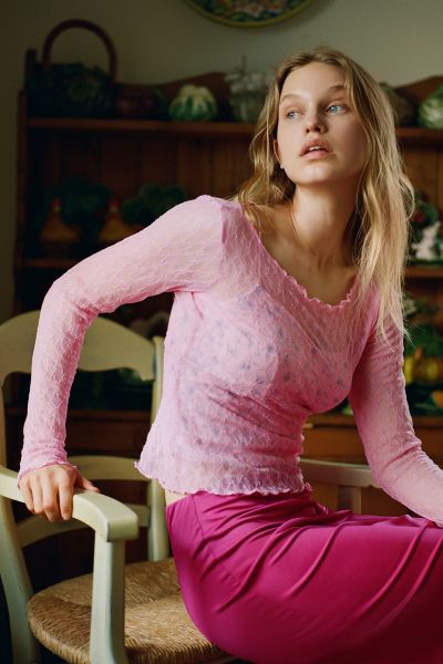 Out From Under Libby Sheer Lace Long Sleeve Top In Pink