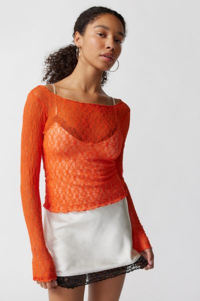 Out From Under Libby Sheer Lace Long Sleeve Top In Orange