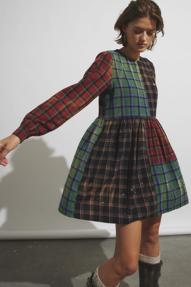 Teddy Fresh Blocked Plaid Bleached Mini Dress | Urban Outfitters