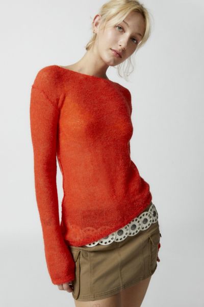 Urban Outfitters Uo Santiago Semi-sheer Asymmetrical Sweater In Red