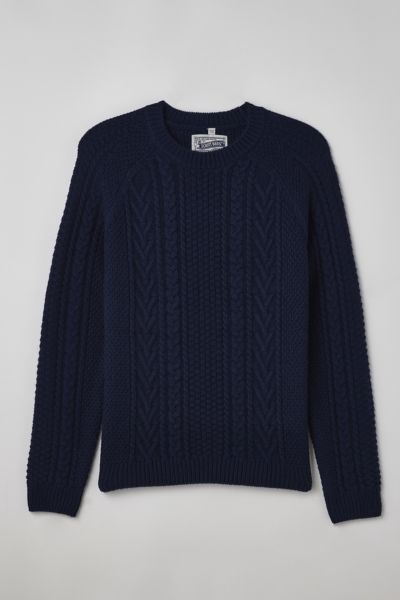 SCHOTT MERINO WOOL CABLEKNIT CREW NECK SWEATER IN NAVY, MEN'S AT URBAN OUTFITTERS