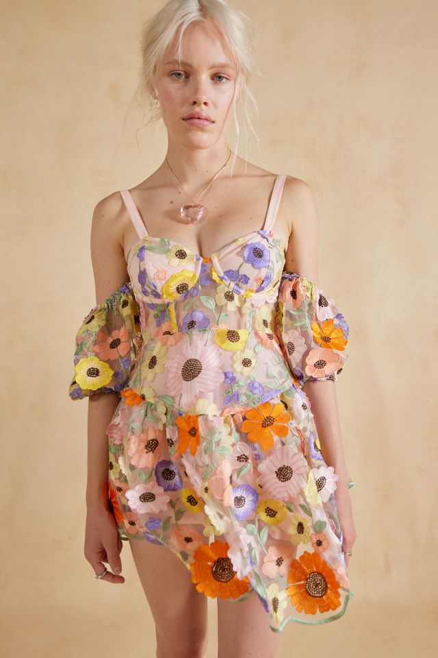 For Love & Lemons Prato Sheer Floral Mini Dress