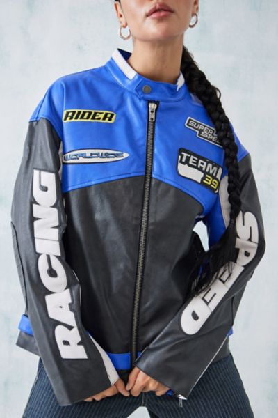 IETS FRANS IETS FRANS. IETS FRANS… OVERSIZED PATCH RACER MOTO JACKET IN BLUE AT URBAN OUTFITTERS 