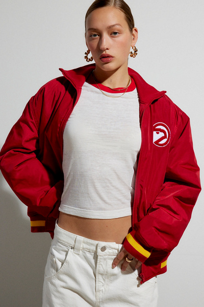 MITCHELL & NESS X MELODY EHSANI ATLANTA HAWKS SATIN JACKET IN RED, WOMEN'S AT URBAN OUTFITTERS