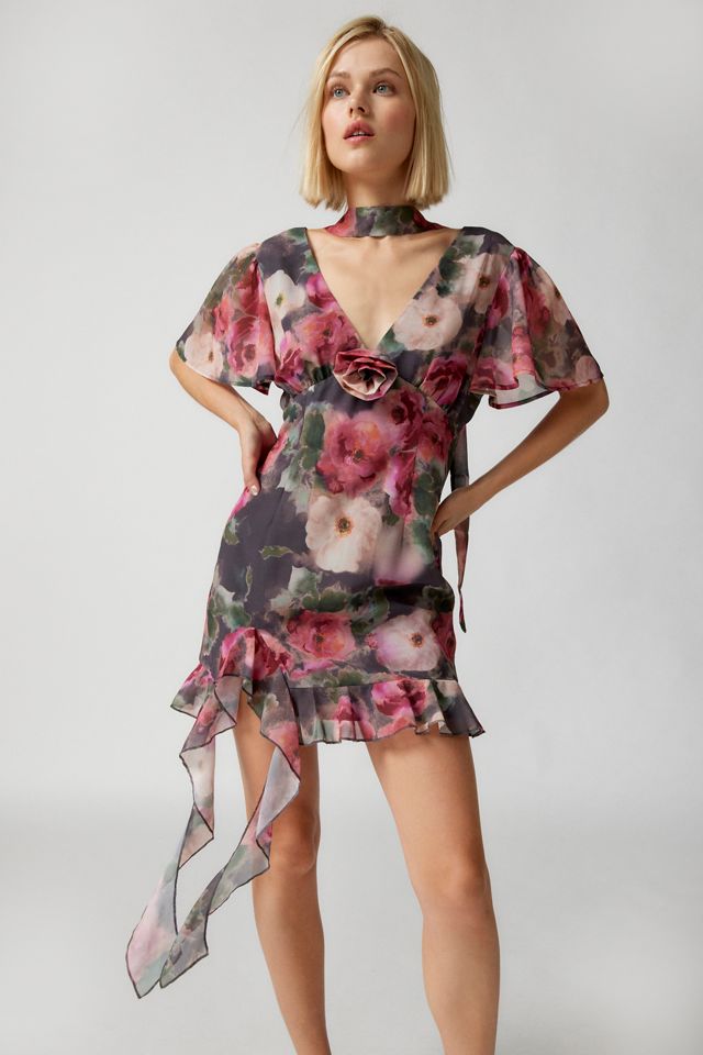 Kiss The Sky Rose Flutter Sleeve Floral Mini Dress | Urban Outfitters