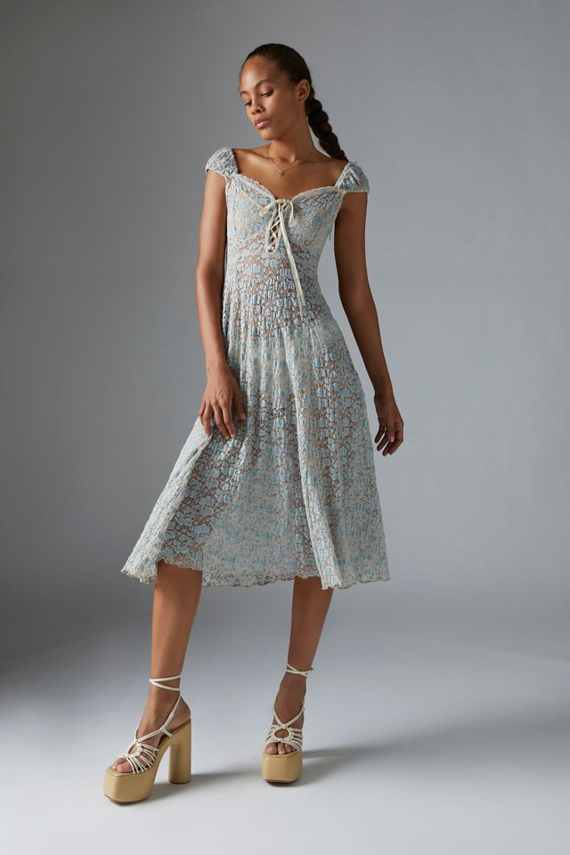 blue floral midi dress ASOS LUXE jacquard with full skirt in Cutest floral babe for your weekend away Kimchi Blue Iris Lace Floral