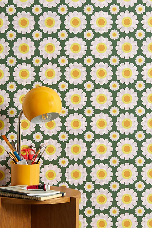 Shop Urban Outfitters Questingpixel Retro Summer Daisies No.1 Pink Forest Green Removable Wallpaper At