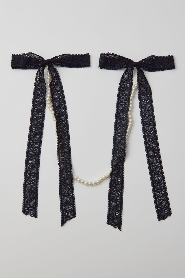 Draped Pearl Lace Hair Bow Double Barrette #1