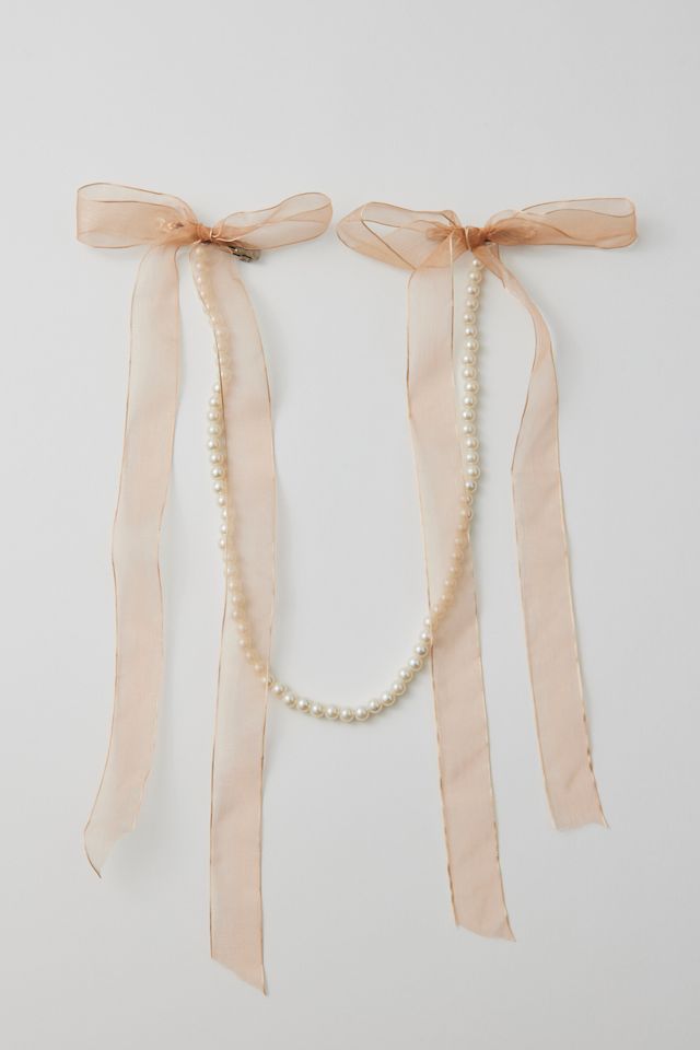Draped Pearl Organza Hair Bow Double Barrette #1