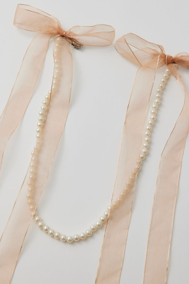Draped Pearl Organza Hair Bow Double Barrette #2