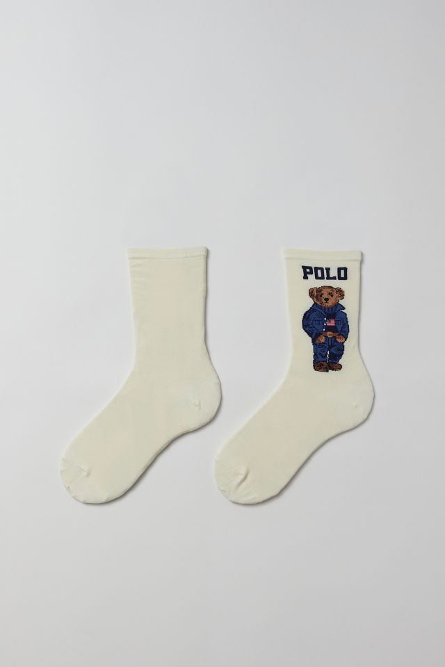 Polo Ralph Lauren Women's Polo Bear Trouser Socks Ivory, Americana Bear,  Flag