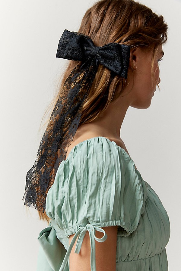 Urban Outfitters Large Floral Lace Hair Bow Barrette In Black