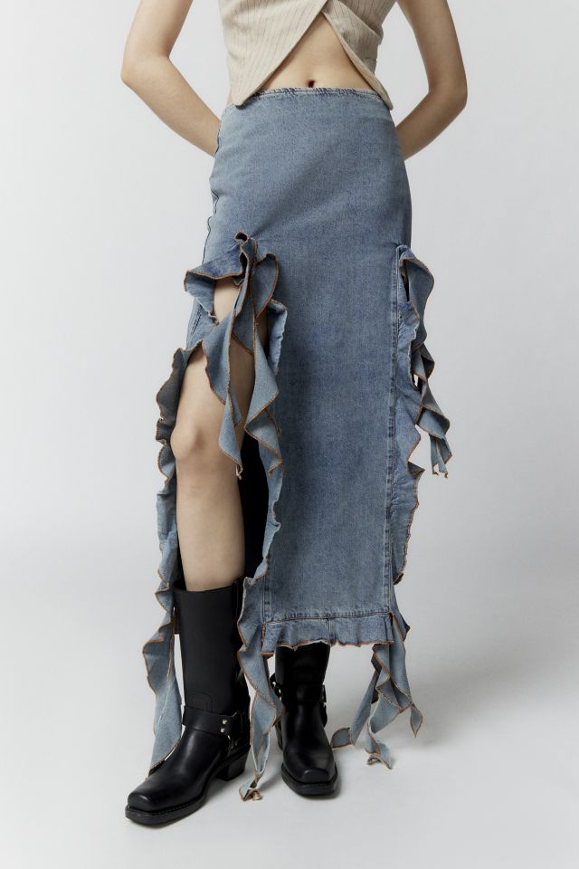 Lioness Rendezvous Denim Shredded Midi Skirt | Urban Outfitters