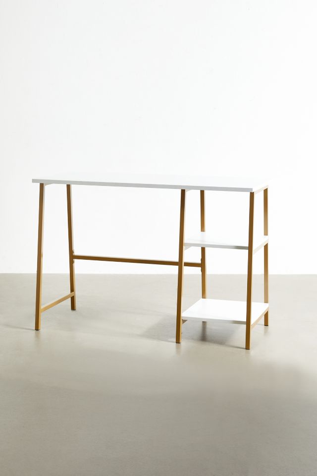 Modern White and Gold Desk with Open Shelves and Metal Frame