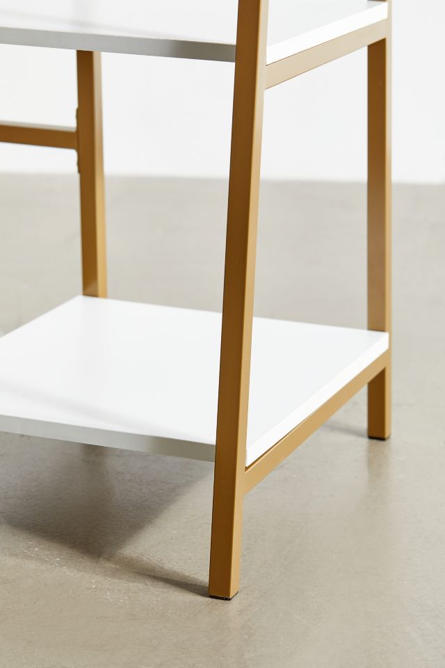 Modern White and Gold Desk with Open Shelves and Metal Frame