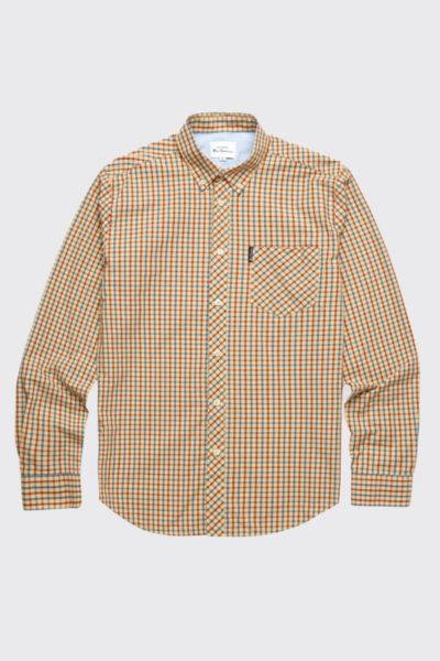 BEN SHERMAN SIGNATURE CHECK BUTTON DOWN SHIRT TOP IN LEMON, MEN'S AT URBAN OUTFITTERS