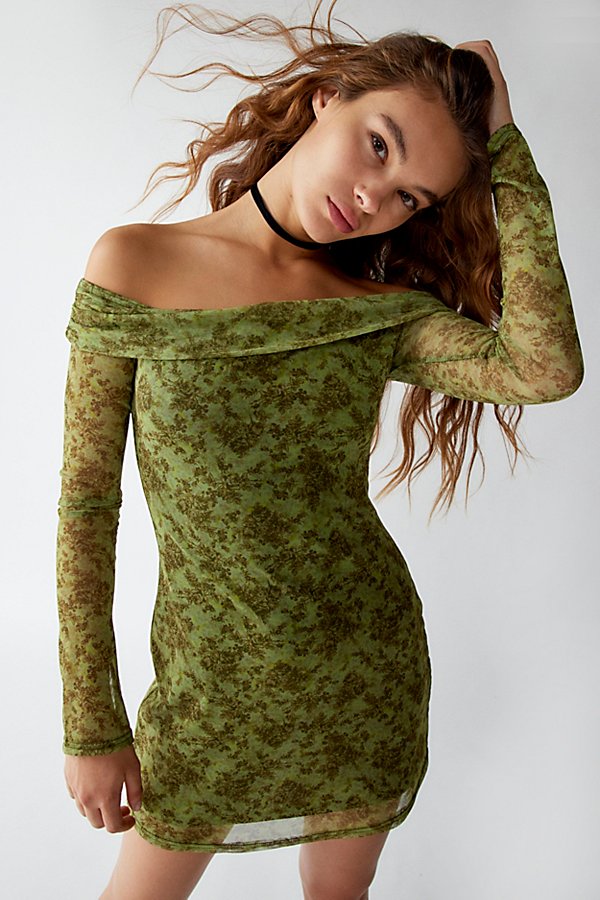 Urban Outfitters Uo Isla Long Sleeve Off-the-shoulder Mini Dress In Green