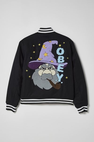 OBEY WIZARD VARSITY JACKET IN BLACK, MEN'S AT URBAN OUTFITTERS
