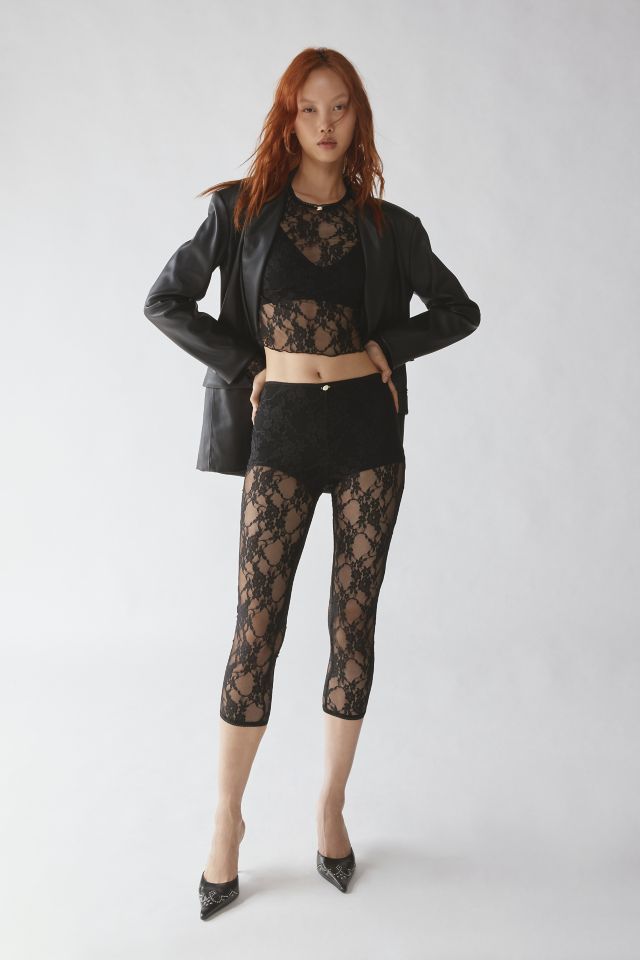 Black Lace Sheer Cropped Leggings, Bottoms