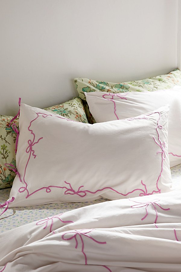 Urban Outfitters Lacey Bows Sham Set In Pretty Pink At  In White