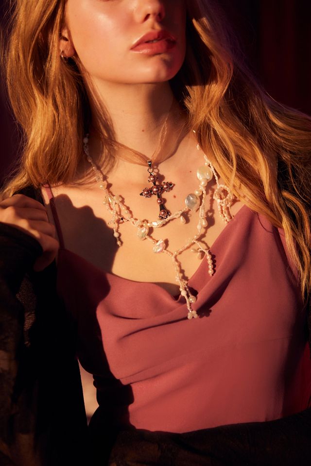 Pearl Cross Chiffon Ribbon Necklace Urban Outfitters