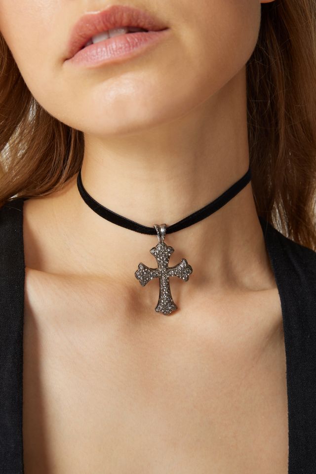 Rhinestone Cross Velvet Wrap Necklace