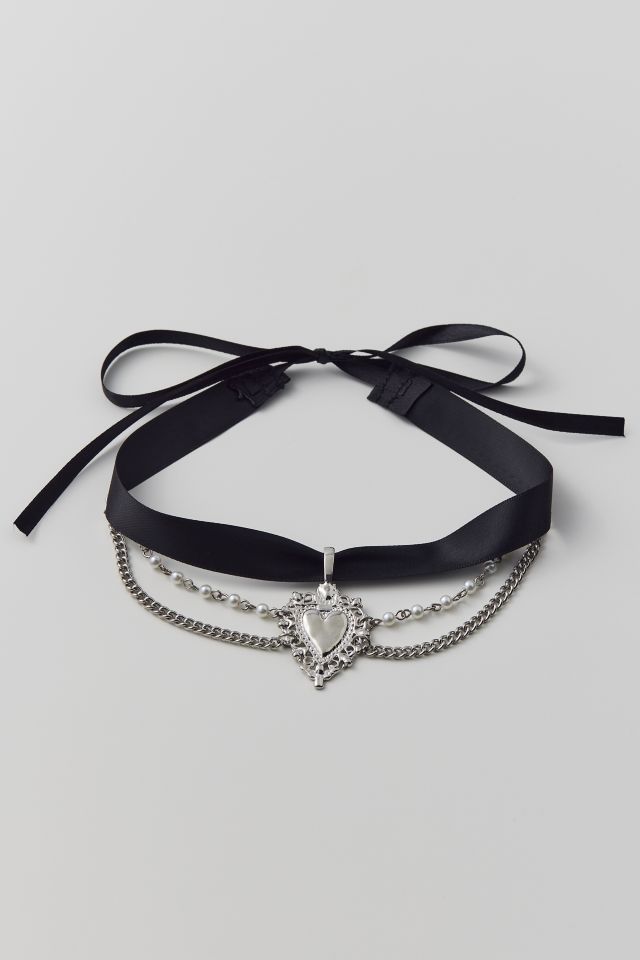 Donabus Choker, Everyday Heart,Black Ribbon Choker,Rhinestone Heart, Puffy  Heart,Heat Icon Choker Necklace