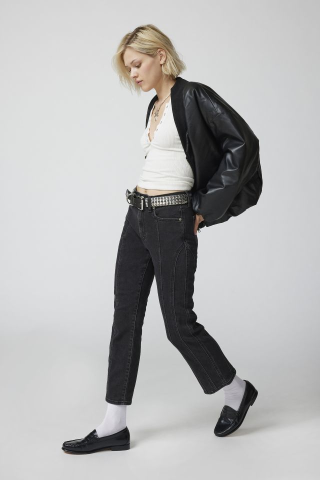 Faux Leather Straight Leg Cropped Denim