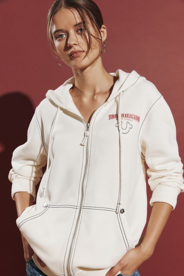 True Religion Zip-Up Hoodie Sweatshirt in White, Women's at Urban Outfitters