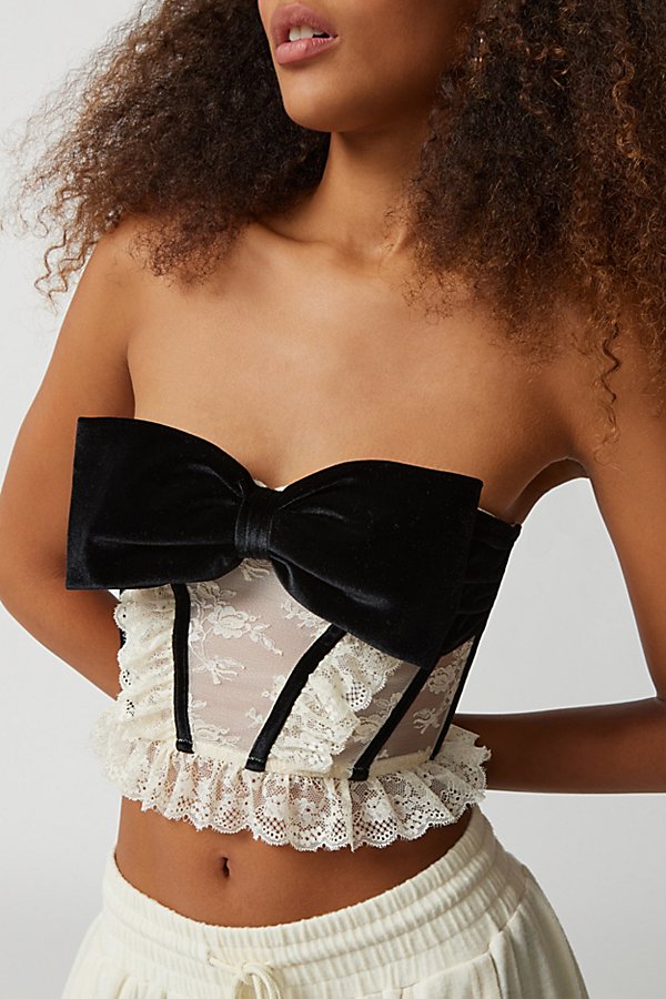 Out From Under Bow Down To Me Velvet & Lace Corset In White/black, Women's  At Urban Outfitters