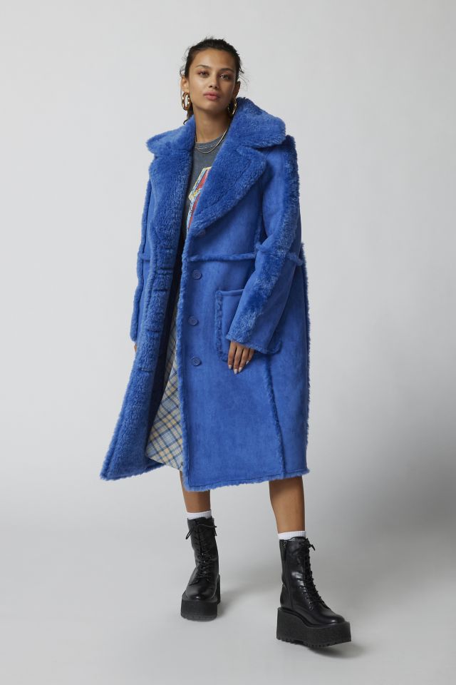 Urban Outfitters Blue Faux Shearling Fur Trim Coat BNWT Size Large RRP £86