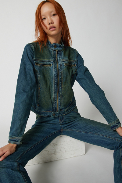 Guess Cropped Zip-Up Denim Jacket (S)