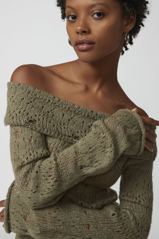 Distressed off the shoulder sweater sale