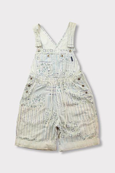 Vintage 90s White Plaid and Striped Patched Shortall Overall