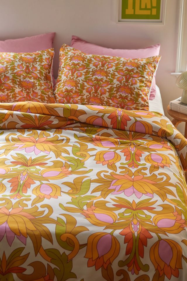 Retro 60s/70s Orange & Olive Green Floral Comforter for Sale by  somecallmebeth