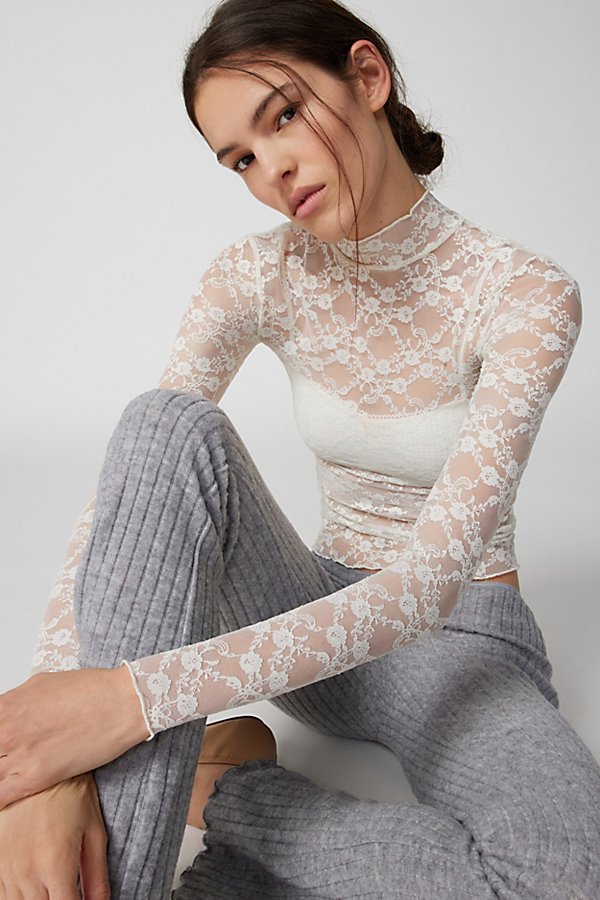Out From Under Luna Sheer Lace Mock Neck Top In White, Women's At Urban Outfitters