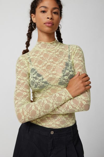Out From Under Luna Sheer Lace Mock Neck Top In Lime, Women's At Urban Outfitters